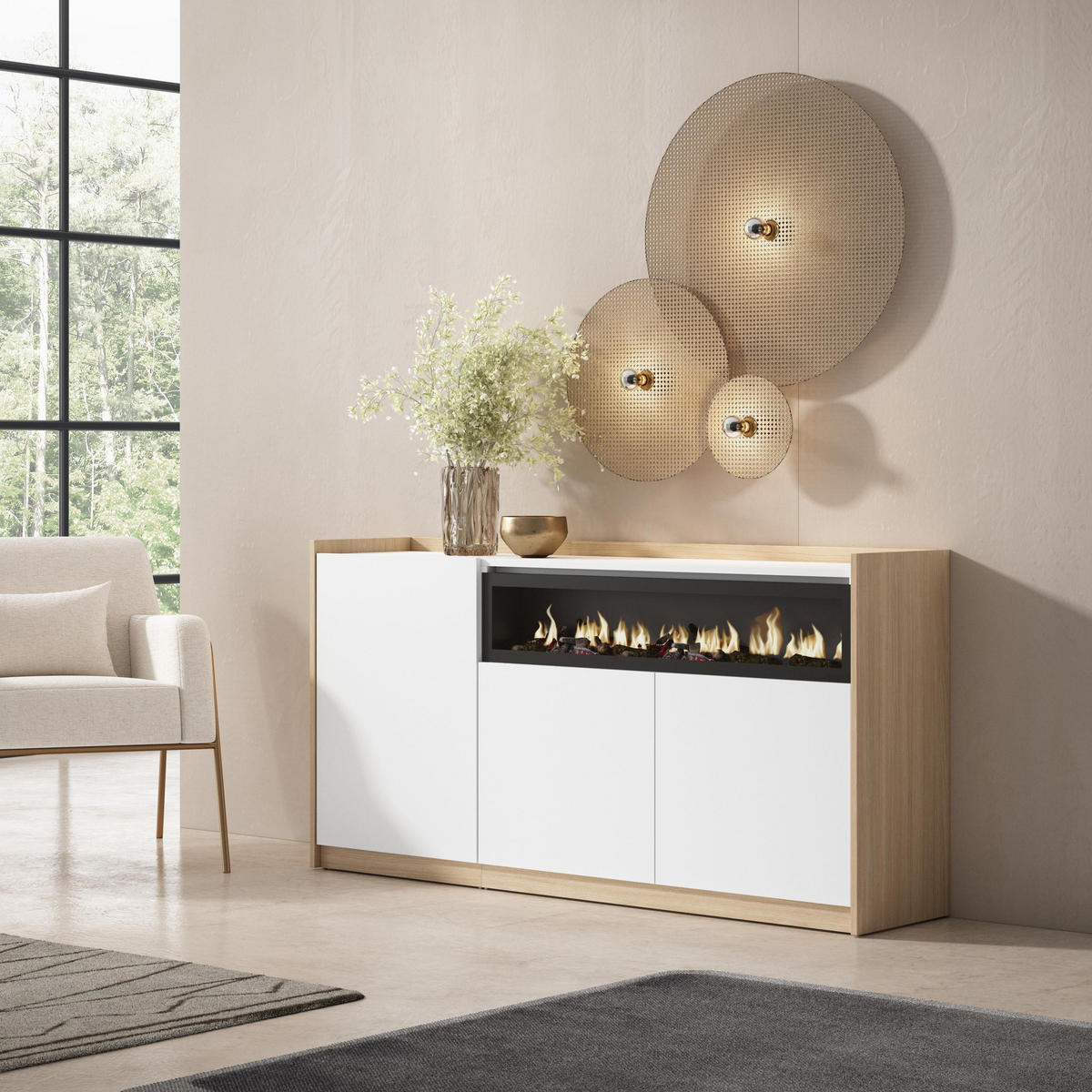 SIDEBOARD, Highboard, Weiß und Eiche Soft, Elektrokamin, 156/37/80cm - Weiß, Holzwerkstoff (156/80/37cm) - Skraut Home