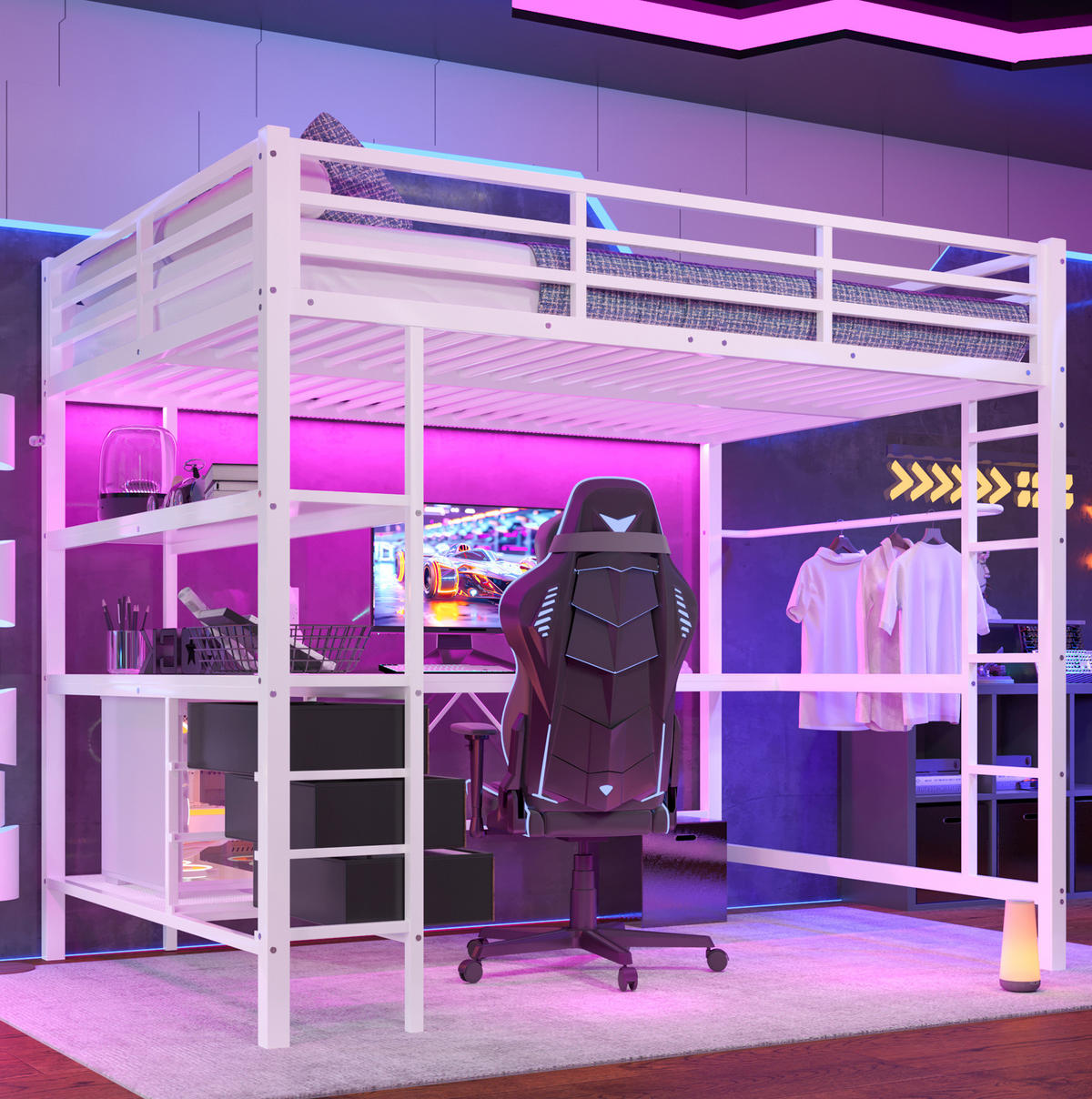 HOCHBETT 140/200 cm Weiß mit LED-Beleuchtung mit Schreibtisch mit Steckdose + USB mit 3 Schubladen - Weiß, Metall (140/200cm) - OKWISH