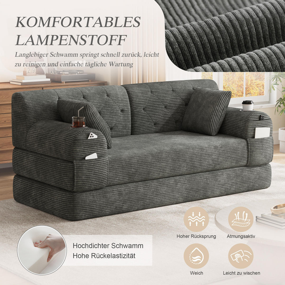 SCHLAFSOFA 2-Sitzer mit Schlaffunktion 168 x 80 cm Cord Dunkelgrau - Dunkelgrau, Kunststoff (80/81/168cm) - Meubliv