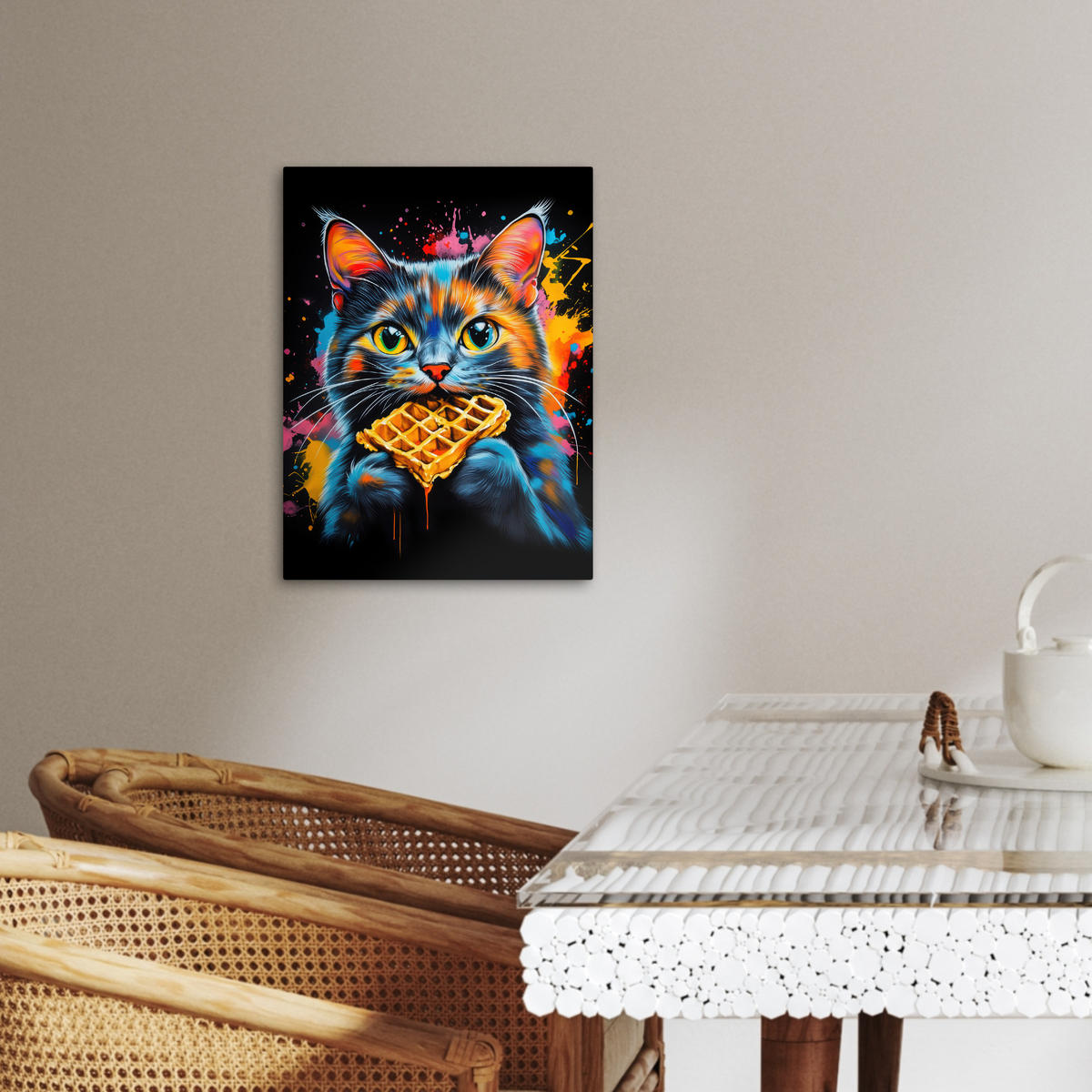 LEINWANDBILD Katze - Graffiti - Bunt - Waffel - Essen 30x40 cm - Türkis, Textil (30/40cm) - MuchoWow