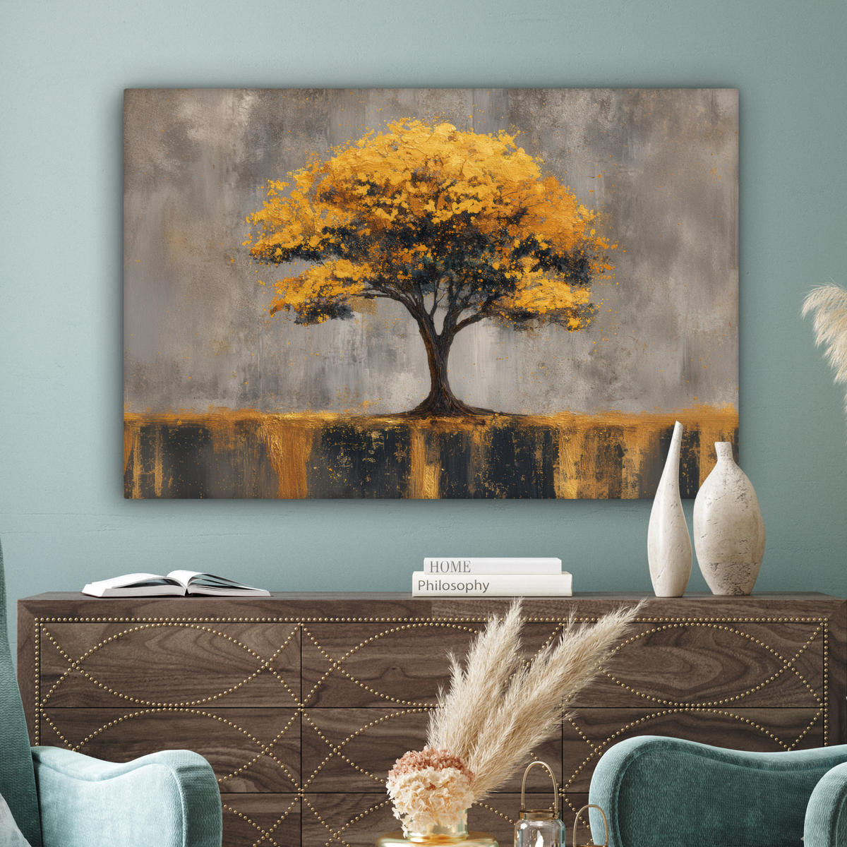 LEINWANDBILD Baum - Blätter - Gold - Abstrakt Wohnzimmer Groß 120x80 cm - Grau, Textil (120/80cm) - MuchoWow