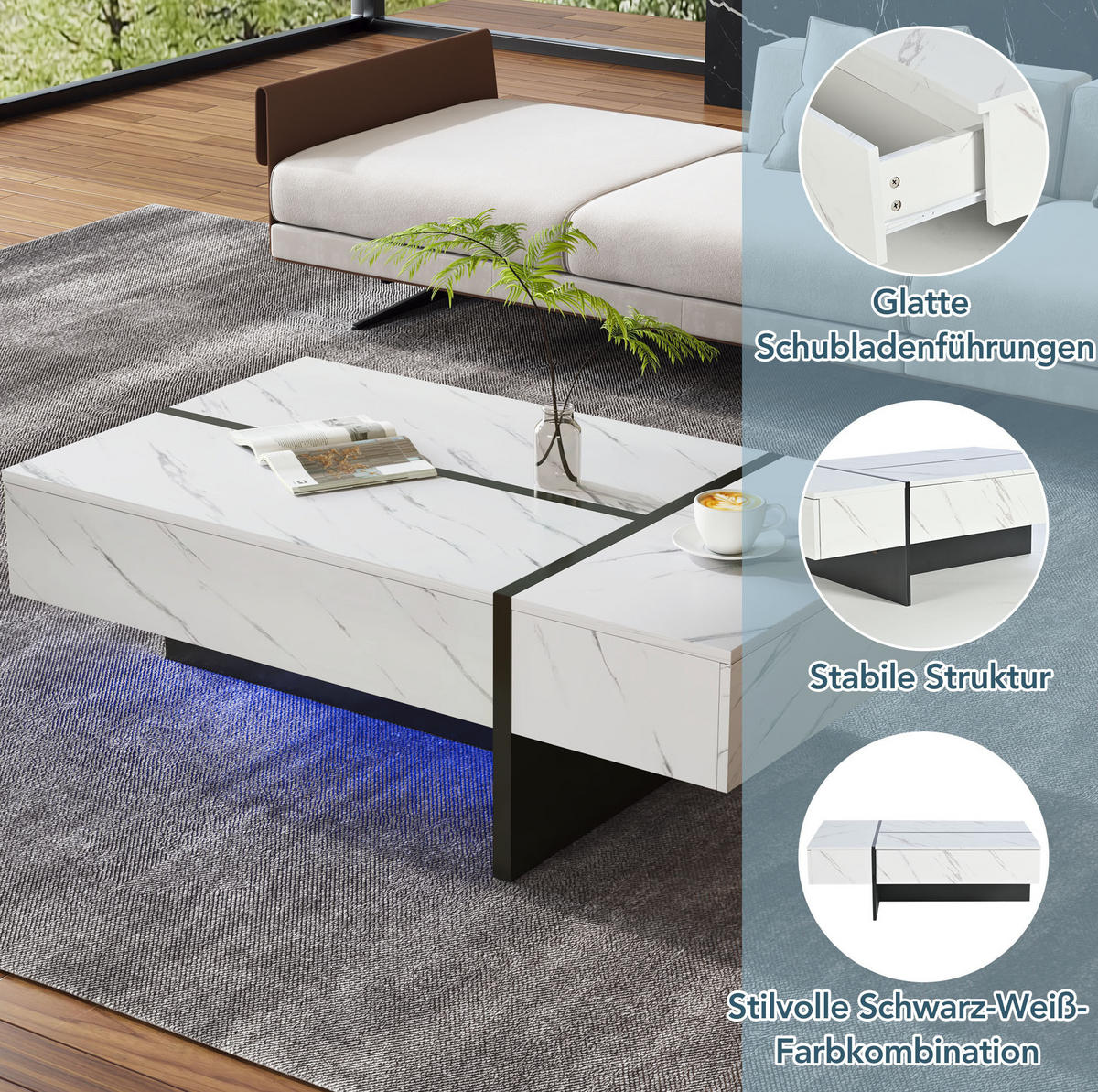 COUCHTISCH aus Spanplatte 105x60x35 cm Weiß mit 3 Schubladen und App-gesteuerter LED-Beleuchtung - Weiß, Holzwerkstoff (105/60/35cm) - IVMEU