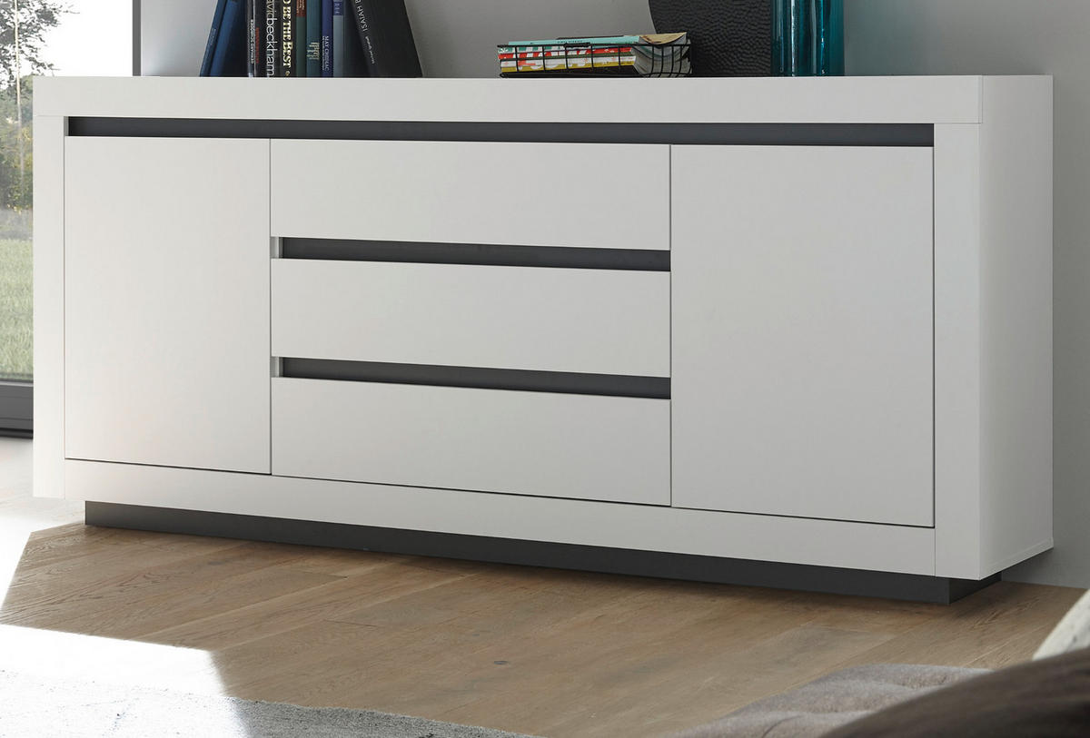 SIDEBOARD weiß, anthrazit, Wohnzimmer- Esszimmer- Kommode 200 x 91 cm - Weiß Hochglanz/Anthrazit, Holzwerkstoff (200/91/38cm) - Furn.Design