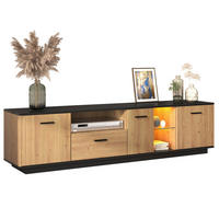 TV stolek z MDF 180x37x45 cm černá a dekor dřeva s LED osvětlením, 3 dvířky a zásuvkou - černá, kompozitní dřevo (180/45/37cm) - Modfu