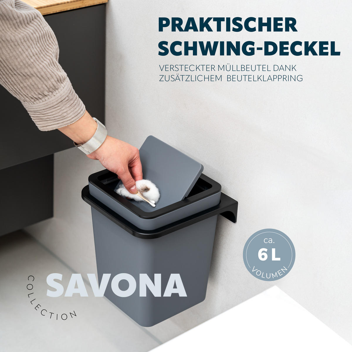 WC-GARNITUR 2-TLG. Bürste u. Eimer SAVONA Softtouch inkl. Wandhalterung, eckig - grau - Grau, Kunststoff (18/25/21cm) - bremermann
