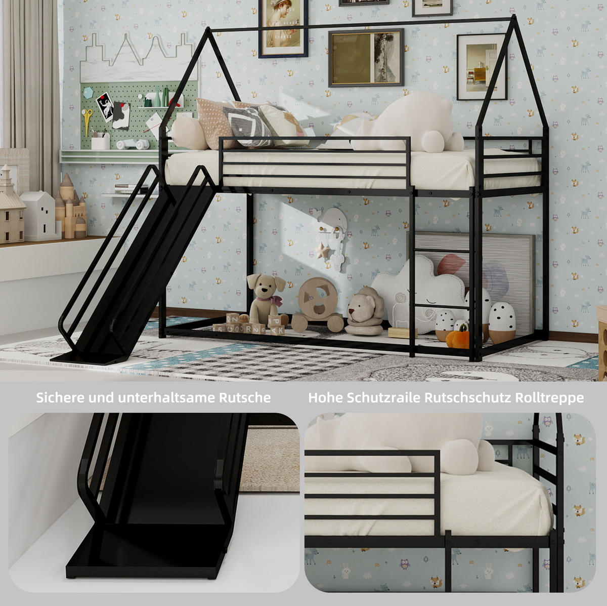 ETAGENBETT 180/200 cm schwarz aus Eisen mit Rutsche und Spielhausdesign - Schwarz, Metall (180/200cm) - OKWISH