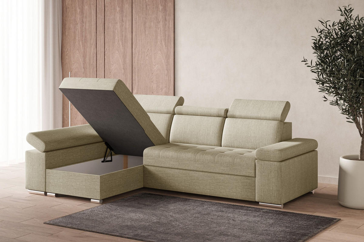 ECKSOFA mit Schlaffunktion Luka L Twist 01 - Beige - Rechts - Beige/Silberfarben, Holzwerkstoff (260/168cm) - Möblo