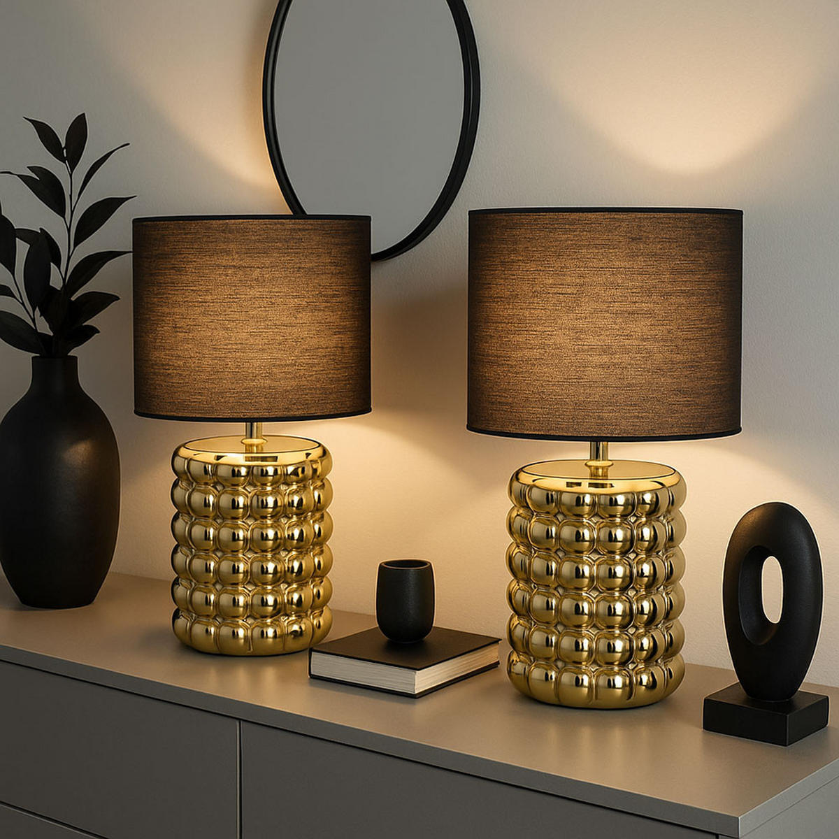 TISCHLEUCHTE Keramik Gold Schwarz 2er Set - Goldfarben, Textil (18.5/18.5/33cm) - Globo Lighting