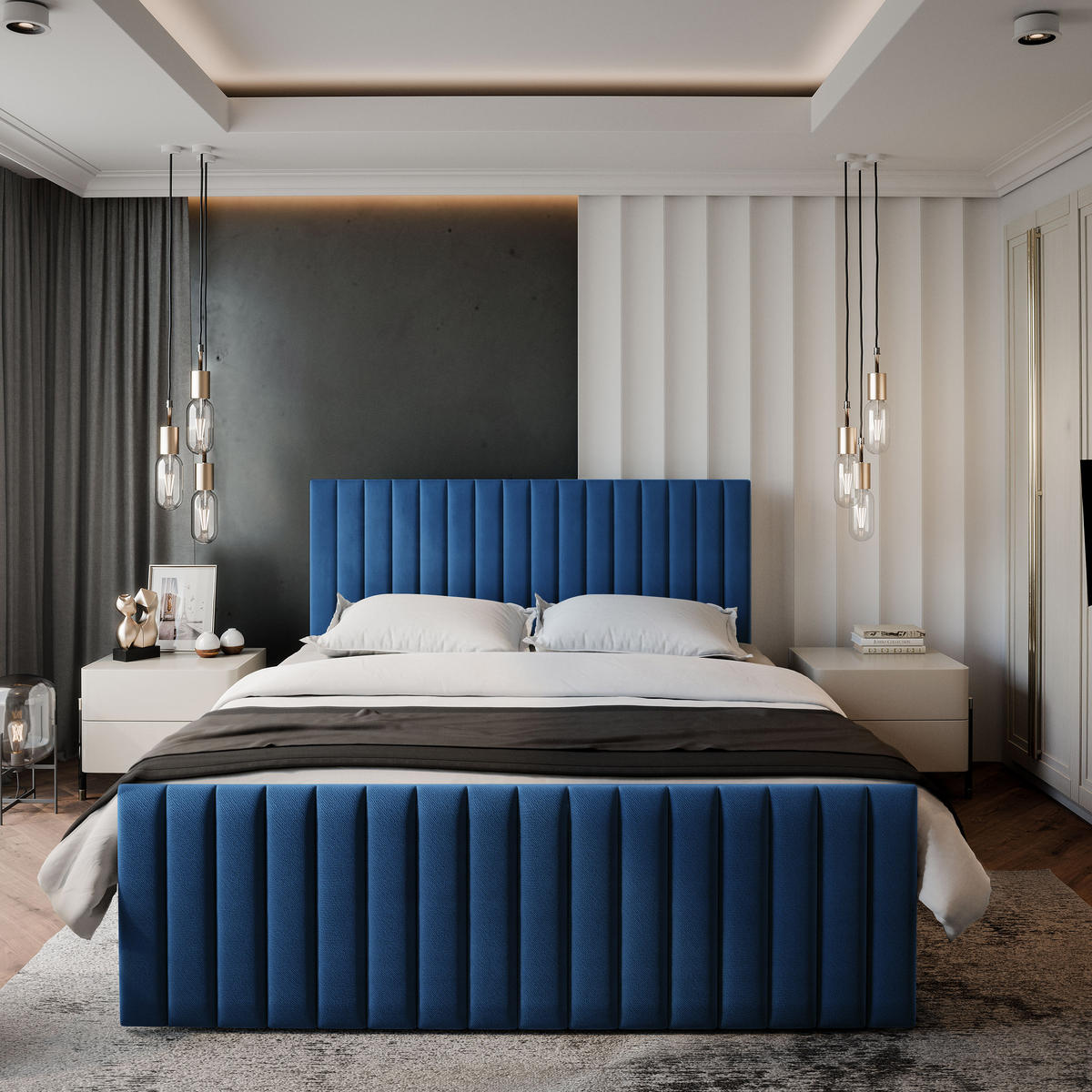 BOXBETT ARION 200x200 cm mit Matratze und Topper, H2+H3 - Blau - Blau, Holz (200/200cm) - MASSENO