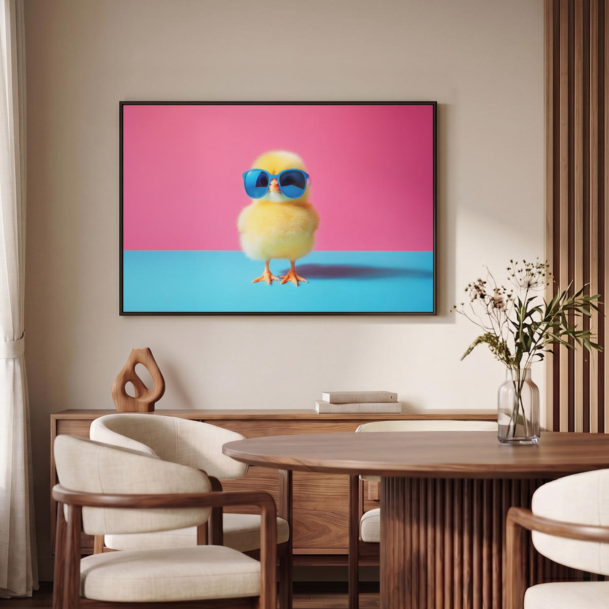 LEINWAND Bilder mit Rahmen - Chick - Sonnenbrille - Blau - 90x60 - Pink, Textil (90/60cm) - MuchoWow