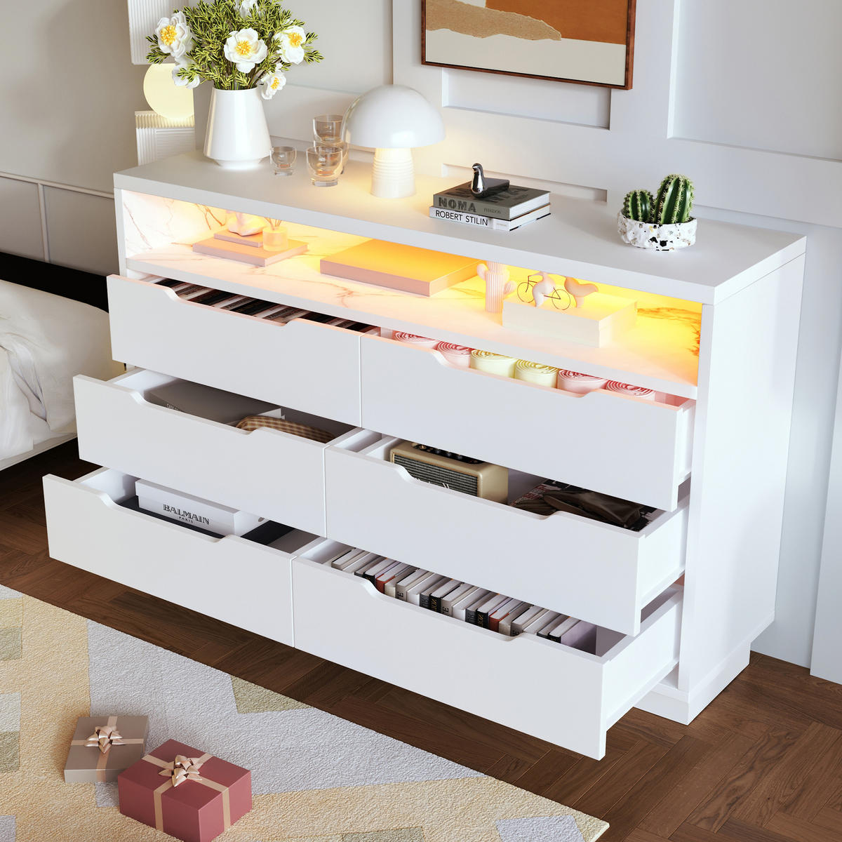 SIDEBOARD 120/40/85 cm in Weiß mit LED aus Spanplatte mit 6 Schubladen - Weiß, Holzwerkstoff/Metall (120/85/40cm) - CHICFURN