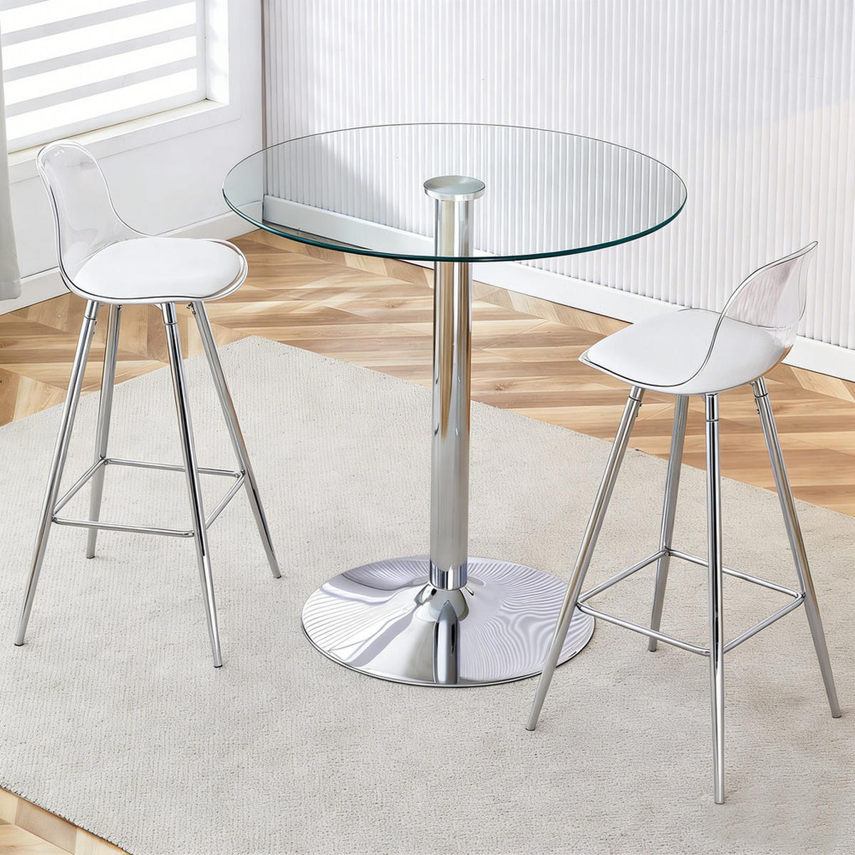TISCHGRUPPE 3-tlg Runder Glastisch 89cm mit 2 Barhockern-Transparent und Flexibel - Transparent, Glas/Metall (41.5/33.5/72cm) - Raelunyi