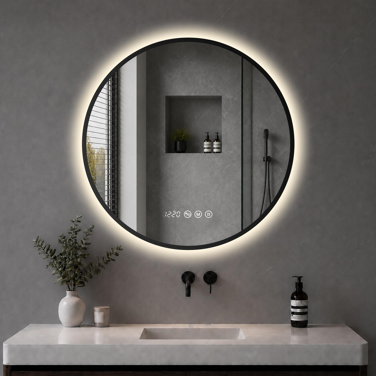 BADSPIEGEL mit Beleuchtung 60 cm rund schwarz mit Aluminiumrahmen, LED dimmbar und Antibeschlag - Schwarz, Glas (60/60/3.3cm) - S'AFIELINA
