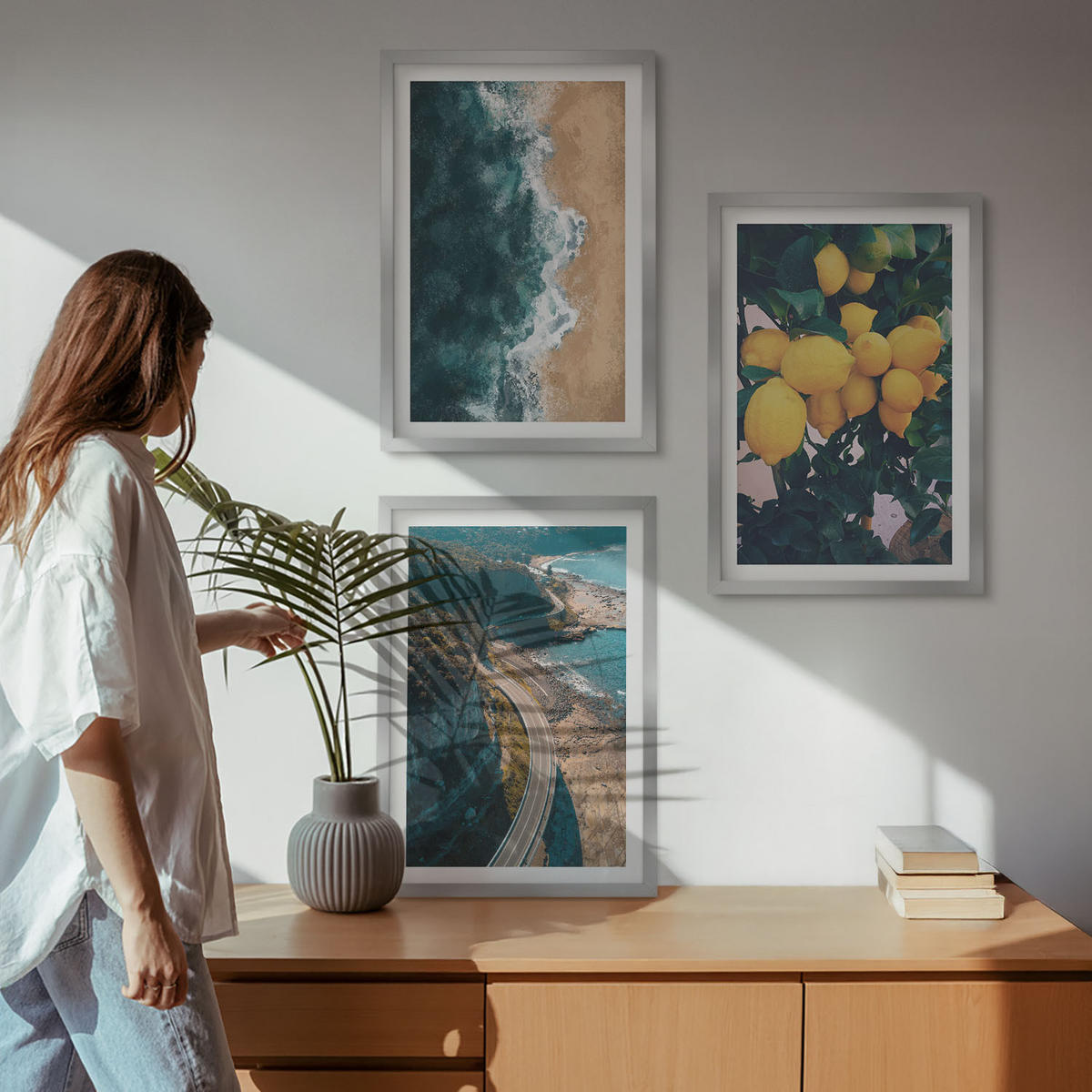 WANDBILDER 3er Set - 40x60 cm Silberner Rahmen - Meerstrand Zitronen Berge - Silberfarben, Kunststoff (40/60cm) - ArtPrintCave