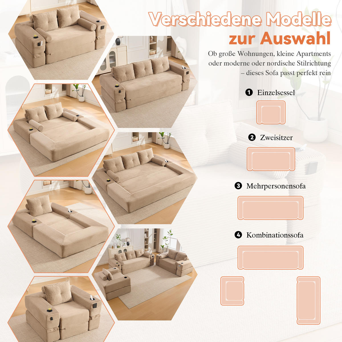 SCHLAFSOFA mit Schlaffunktion, Getränkehalter und Memory-Kissen aus Cord - Taupe, Textil (180/80/98cm) - EVRYAE