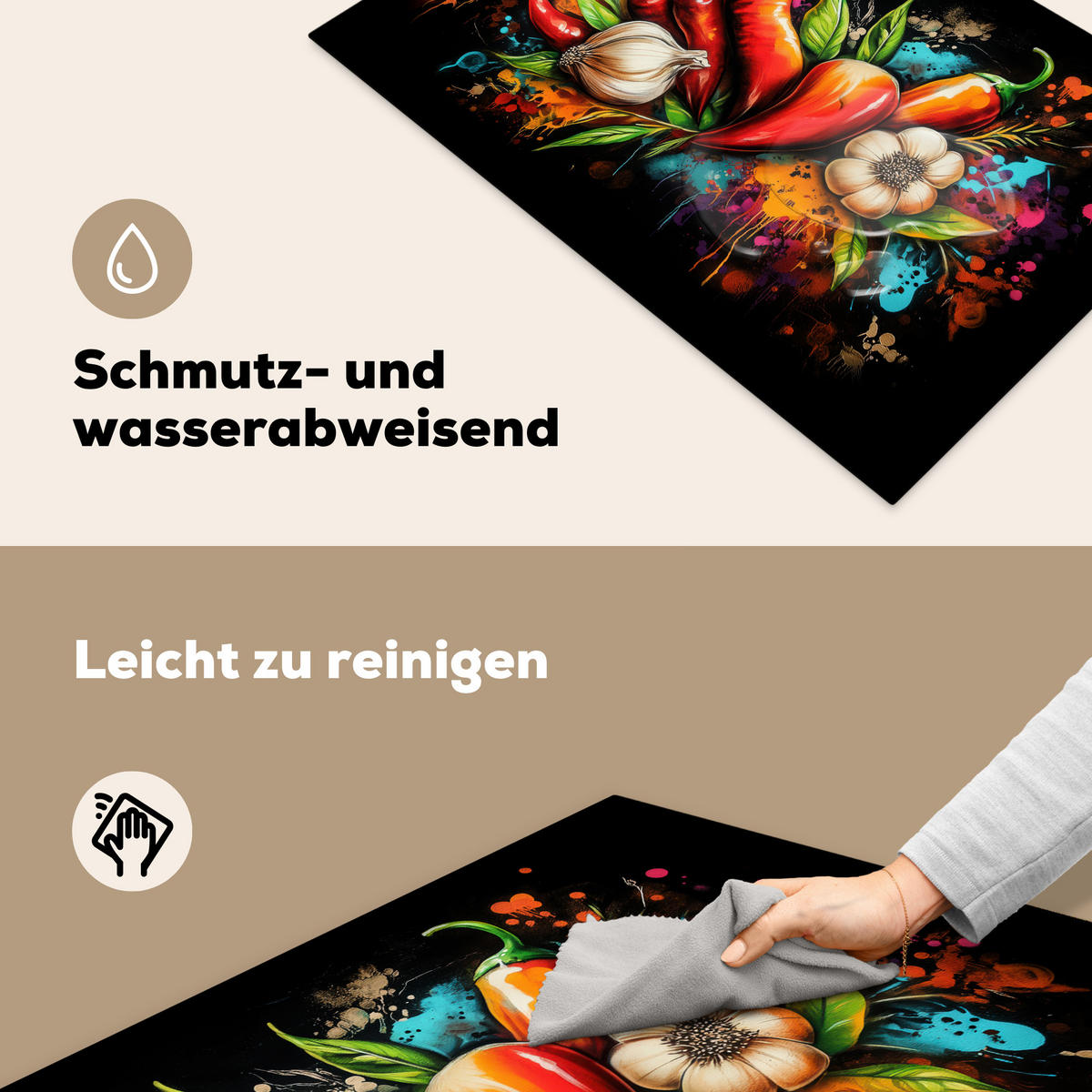 HERDABDECKPLATTE Gemüse - Paprika - Knoblauch - Graffiti - Farbe - Bunt 81x52 cm - Rot, Kunststoff (81/0.2/52cm) - MuchoWow