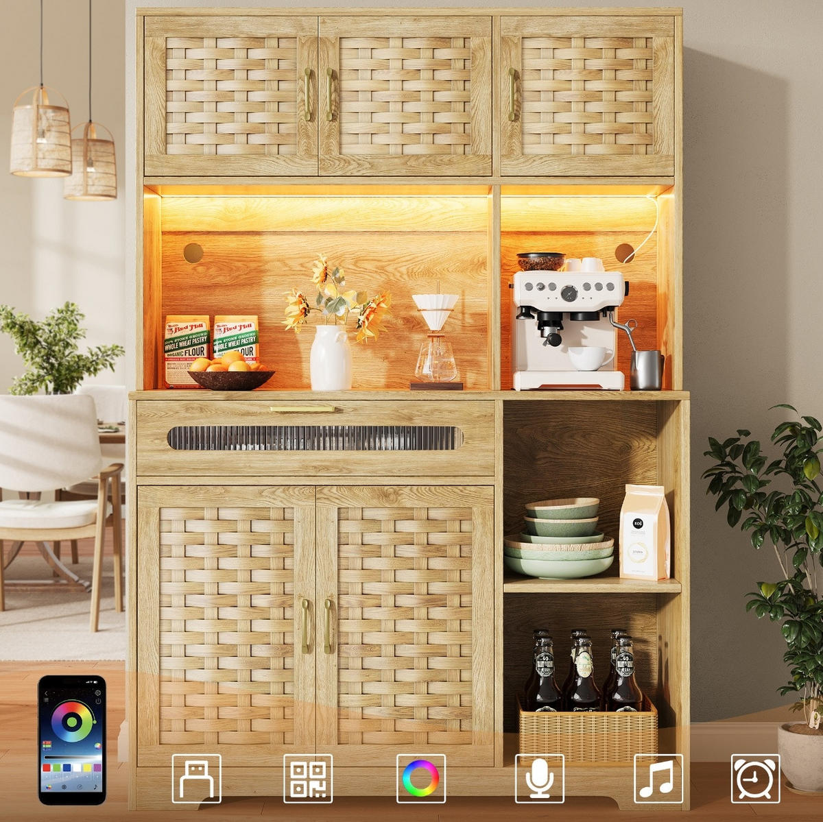 HOCHSCHRANK in MDF-Holzoptik mit geflochtenen Glasfronten, LED-App-Steuerung und USB, 120/40/180 cm, Naturfarben - Naturfarben, Holzwerkstoff (120/180/40cm) - Redom