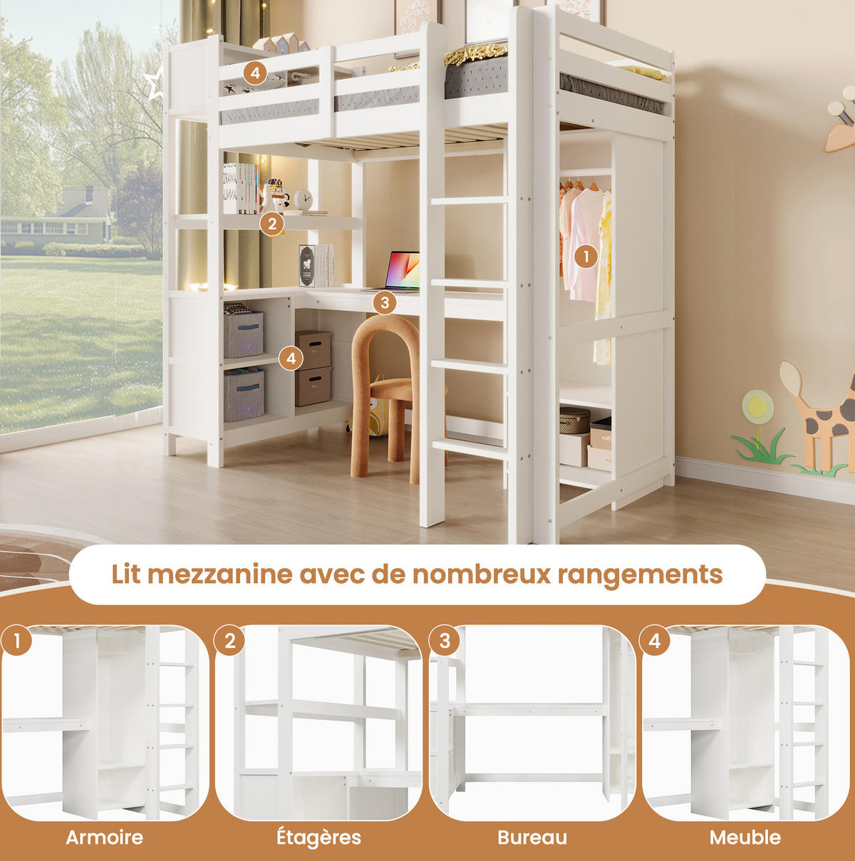 HOCHBETT 90/200 cm aus Kiefer und MDF mit Schreibtisch, Regalen und Kleiderschrank Weiß - Weiß, Holz (90/200cm) - Modenvie