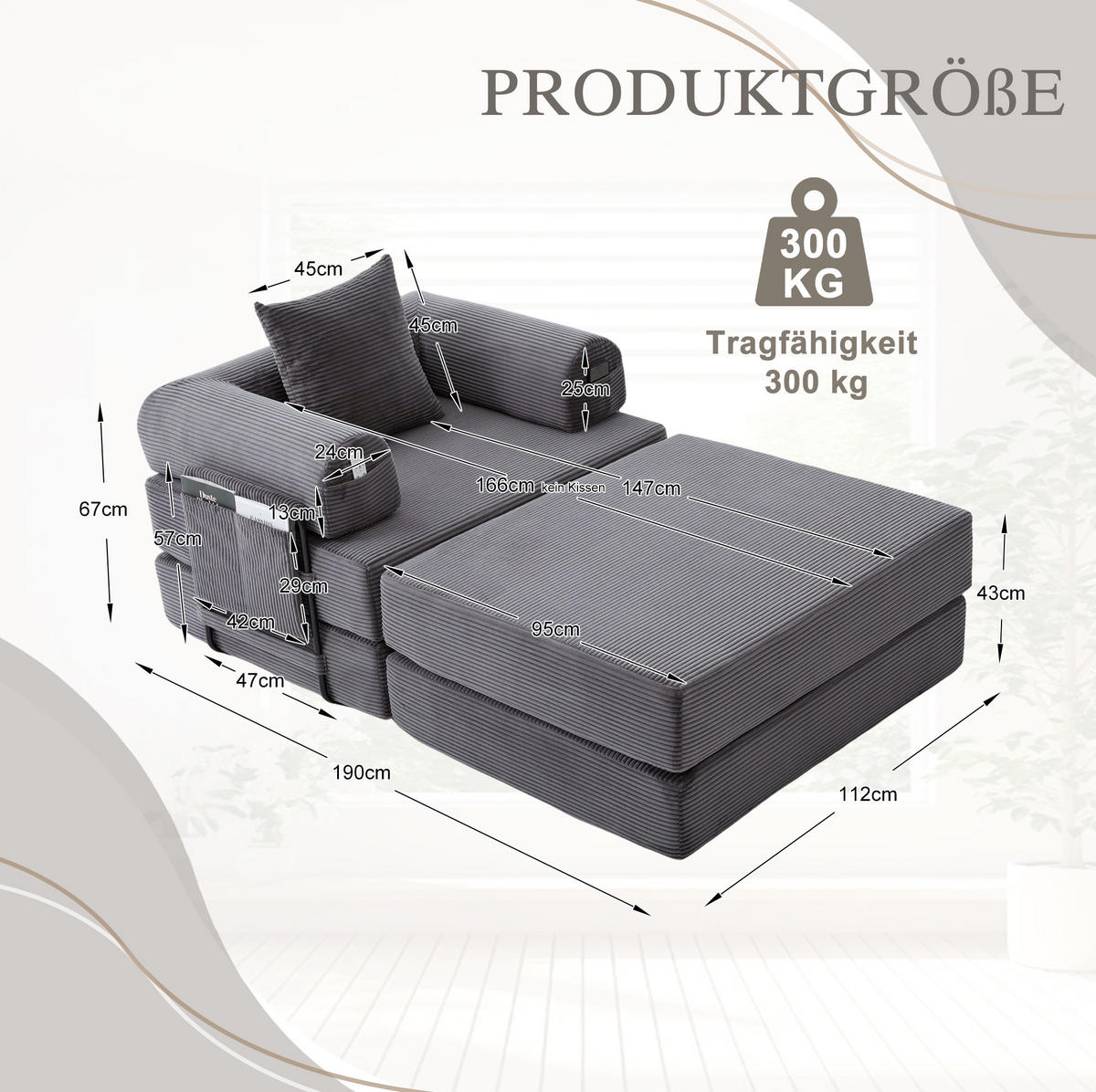 SESSEL mit Hocker 112/190/67 cm aus Cord, ergonomisch mit Seitentasche und Kissen, Dunkelgrau - Dunkelgrau, Textil (190/67/112cm) - Redom