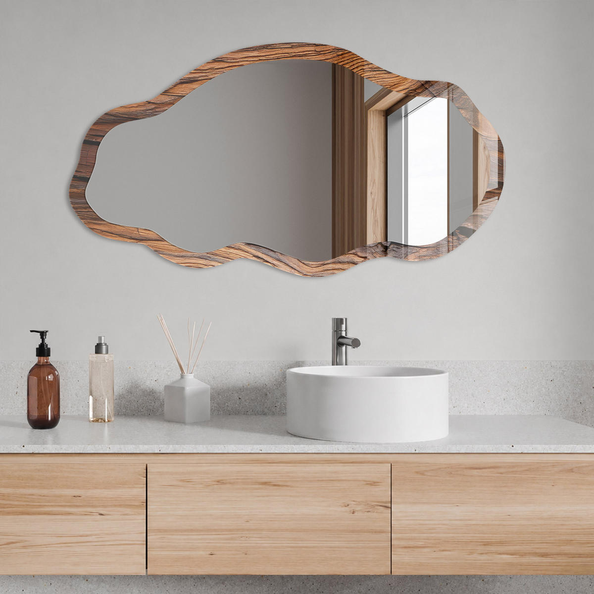 SPIEGEL 90x45 cm asymmetrisch mit Druck - Holzstruktur - Transparent, Glas (45/90/0.4cm) - TULUP
