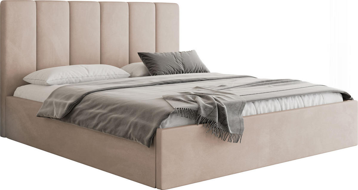 POLSTERBETT Amira Slim mit Bettkasten, Beige Samt 140x200 cm - Ecru/Beige, Holz/Holzwerkstoff (140/200cm) - WFL GROUP