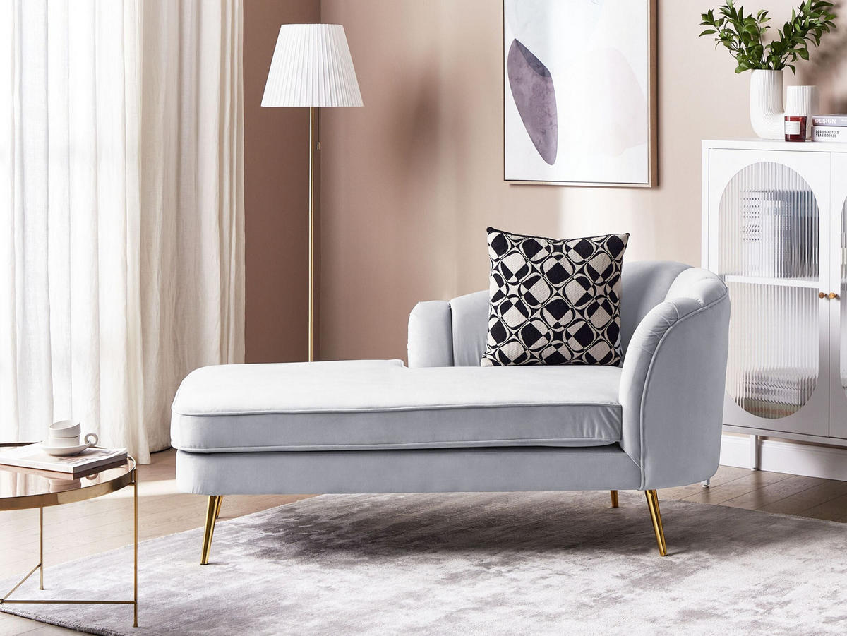 ČALOUNĚNÉ LEHÁTKO CHAISE LONGUE Sametová látka světle šedé pravostranné Allier - šedá/zlatá, textil (150/75/76cm) - Beliani