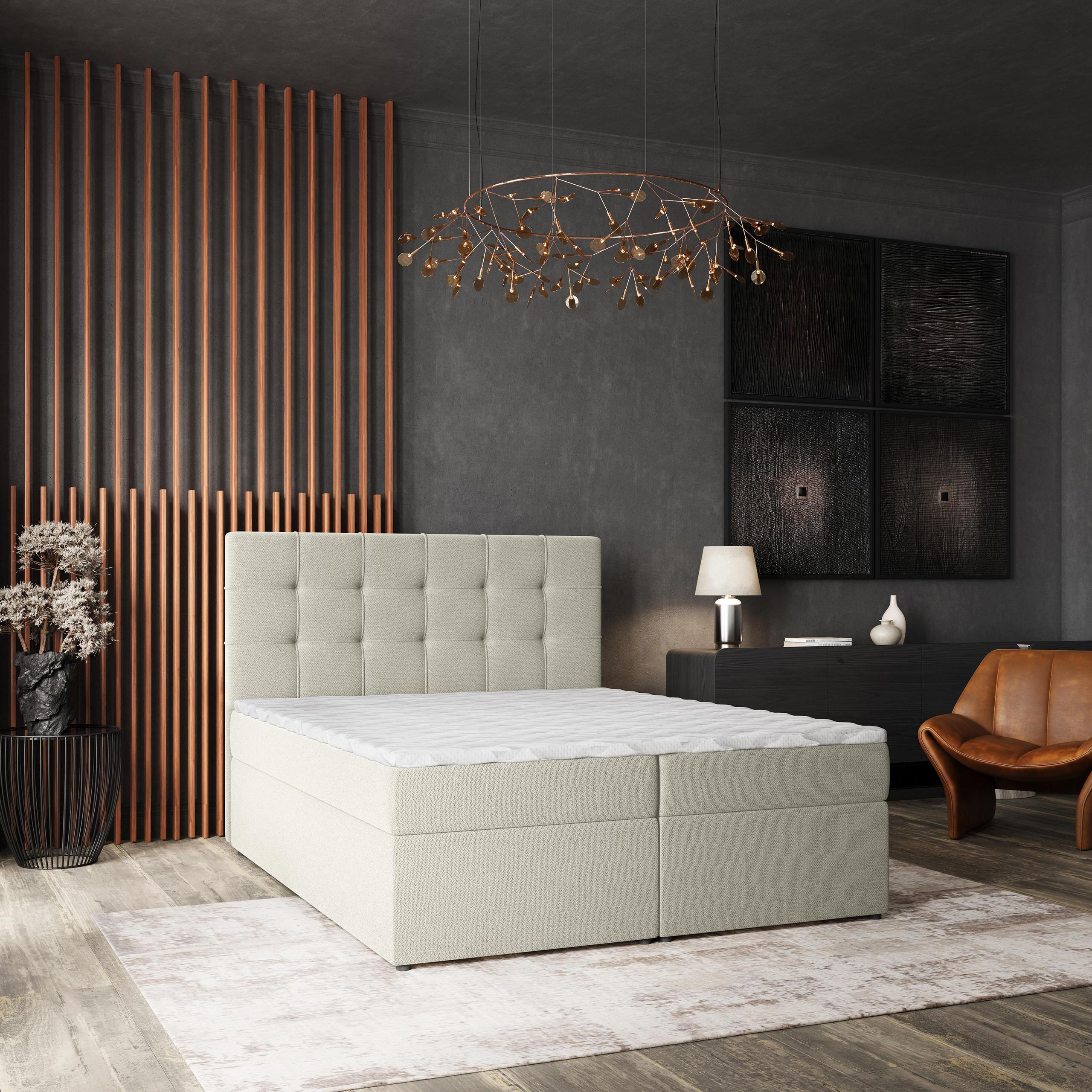 BOXBETT PALMA 180x200 cm mit Matratze und Topper, H2+H3 - Creme - Creme, Holz (180/200cm) - MASSENO