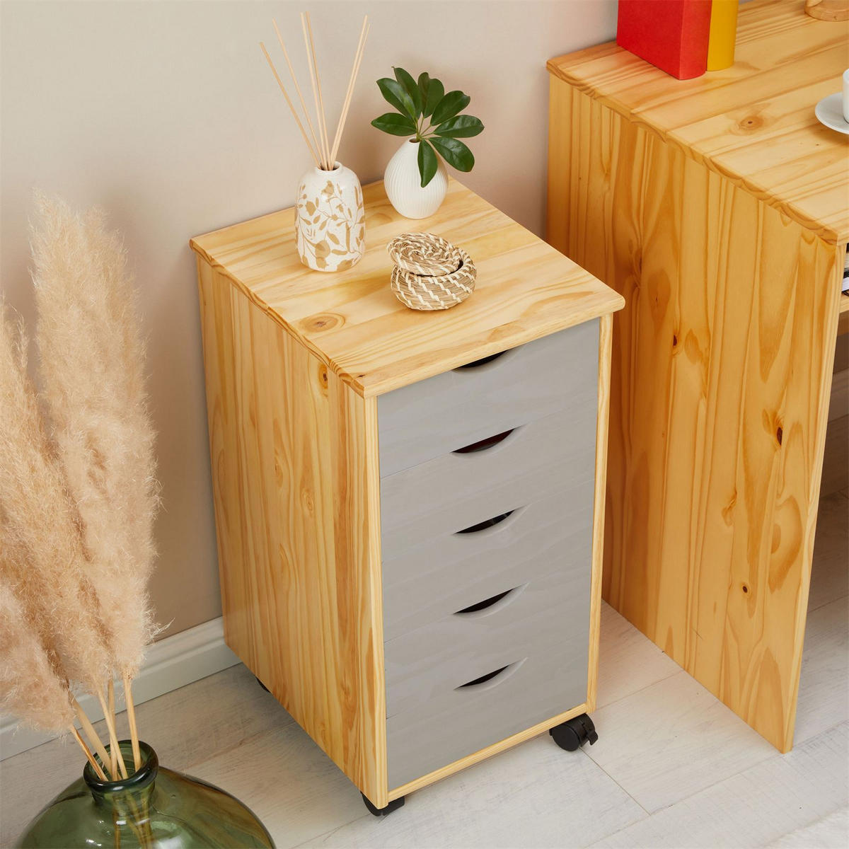 ROLLCONTAINER LAGOS - Naturfarben/Grau, Holz (35/65/40cm) - IDIMEX