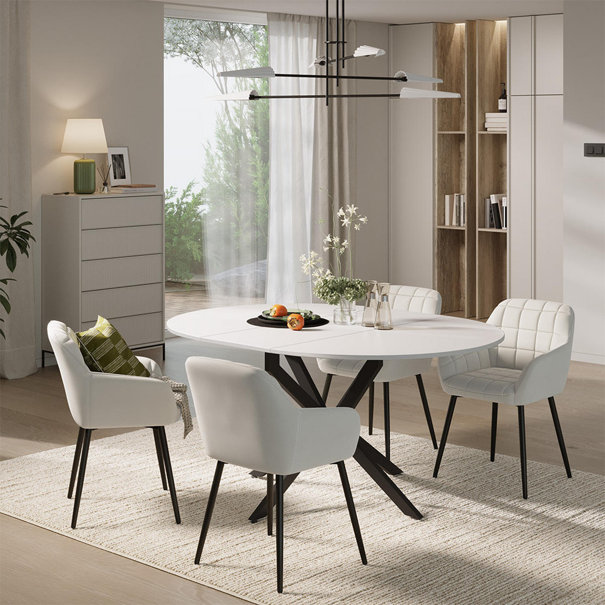 SÚPRAVA JEDÁLENSKÉHO STOLA Loyd, biely/čierna, 120 x 120 cm so 4 jedálenskými stoličkami (béžové) - čierna/biela, kompozitné drevo (120/76.5/120cm) - Vicco