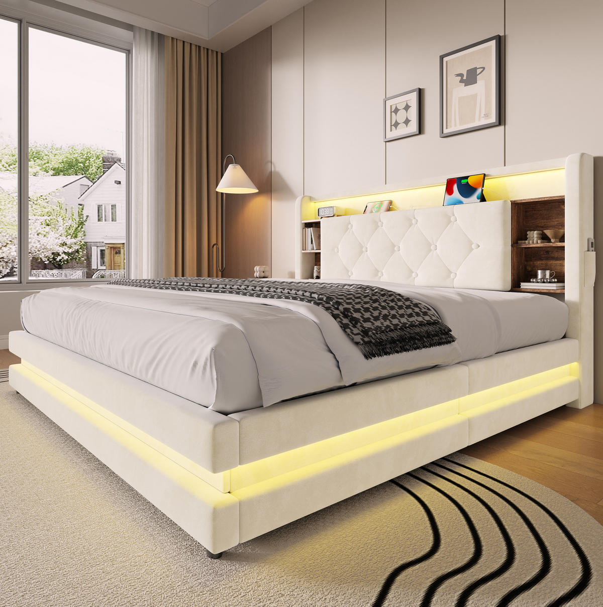 POLSTERBETT aus Samt 140x200 cm Beige mit Bettkasten, LED-Beleuchtung und USB-/Type-C-Anschlüssen - Beige, Textil (140/200cm) - Modfu