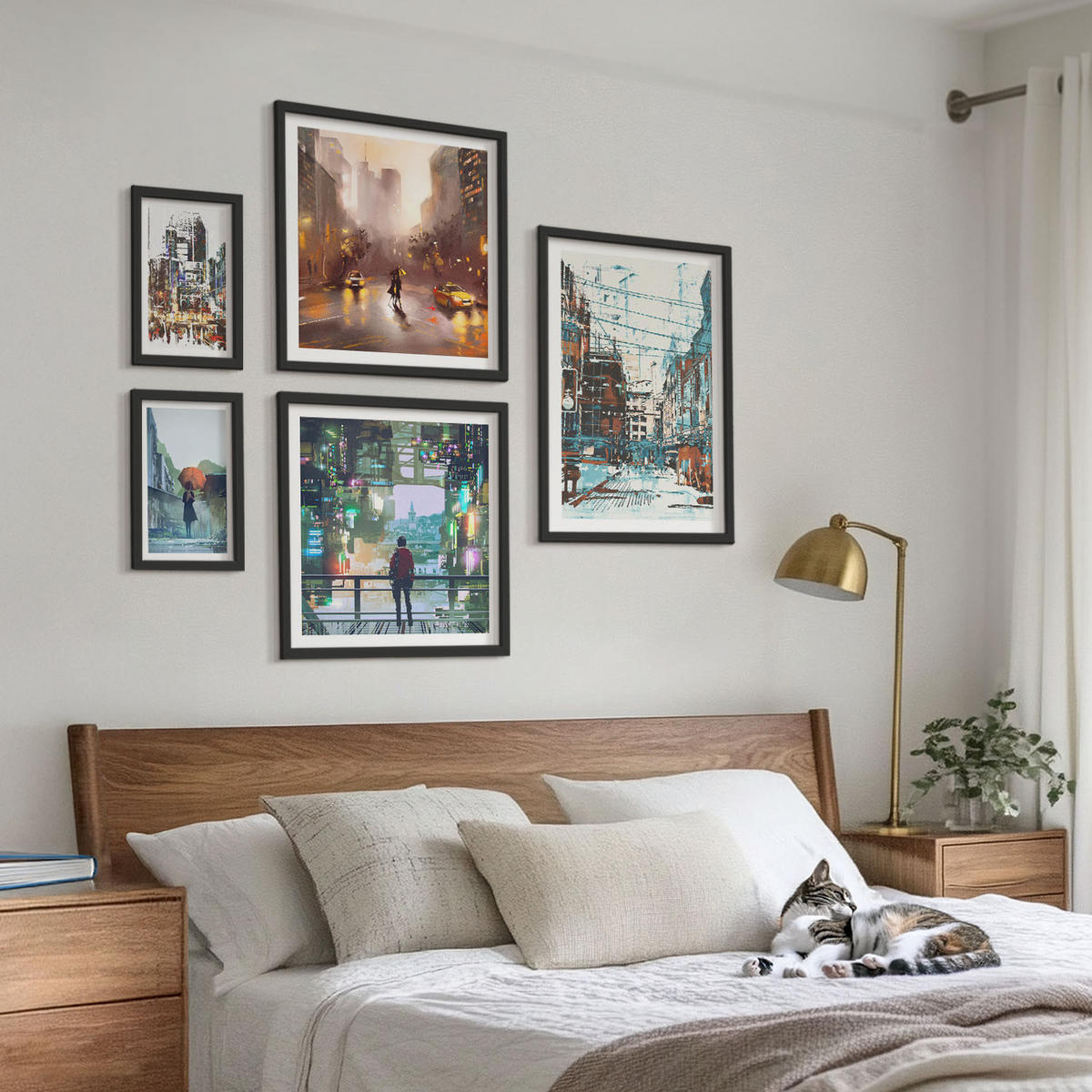 BILDER SET 5er Set - 50x50 cm & 20x30 cm & 40x60 cm Schwarzer Rahmen - Moderne, farbenfrohe Städte mit Charakteren - Schwarz, Kunststoff (40/60cm) - TULUP
