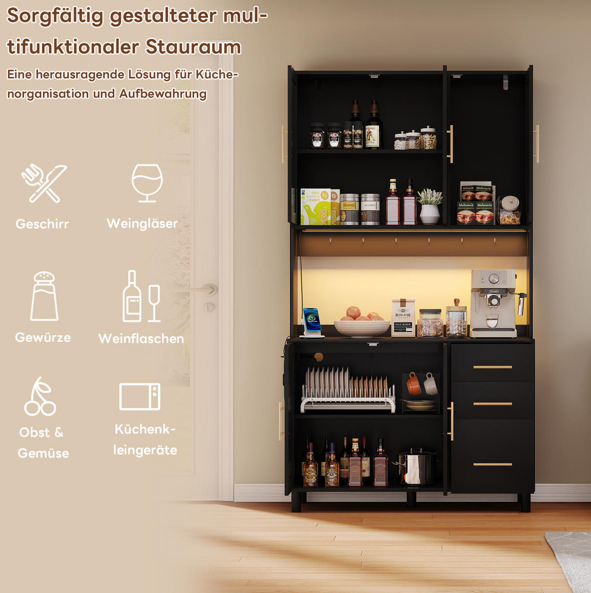 BUFFET aus MDF 100x40x183 cm Schwarz mit LED-Beleuchtung, App-Steuerung, Steckdosen, USB-Anschluss und viel Stauraum - Schwarz, Holzwerkstoff (100/183/40cm) - Modfu
