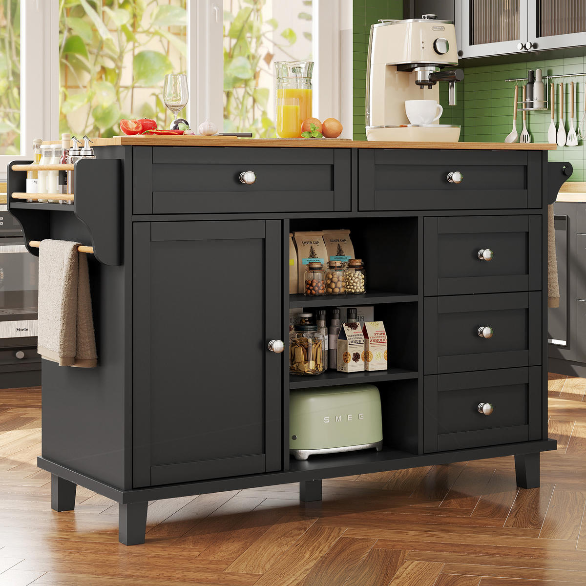 KÜCHENWAGEN Speisewagen 134x46x92cm Schwarz mit 5 Rädern & 3 Schubladen - Schwarz, Holzwerkstoff (134/92/46cm) - Modfu