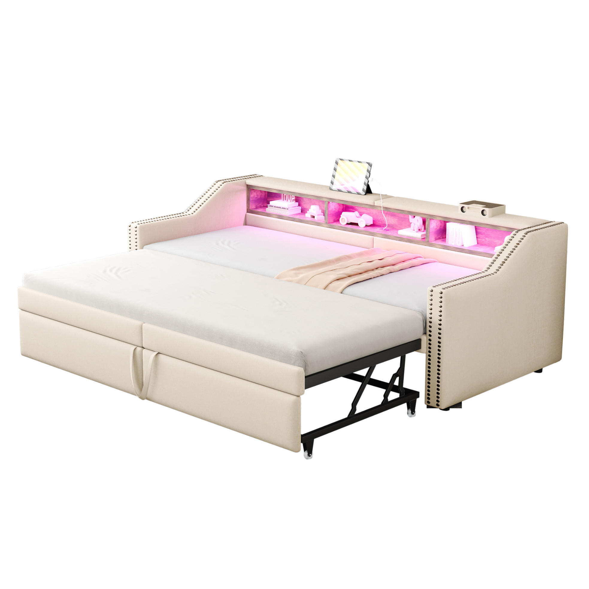 POLSTERBETT 90/180 x 200 cm aus Leinenstoff mit Ausziehfunktion LED und USB Beige - Beige, Textil (90/180cm) - Modenvie