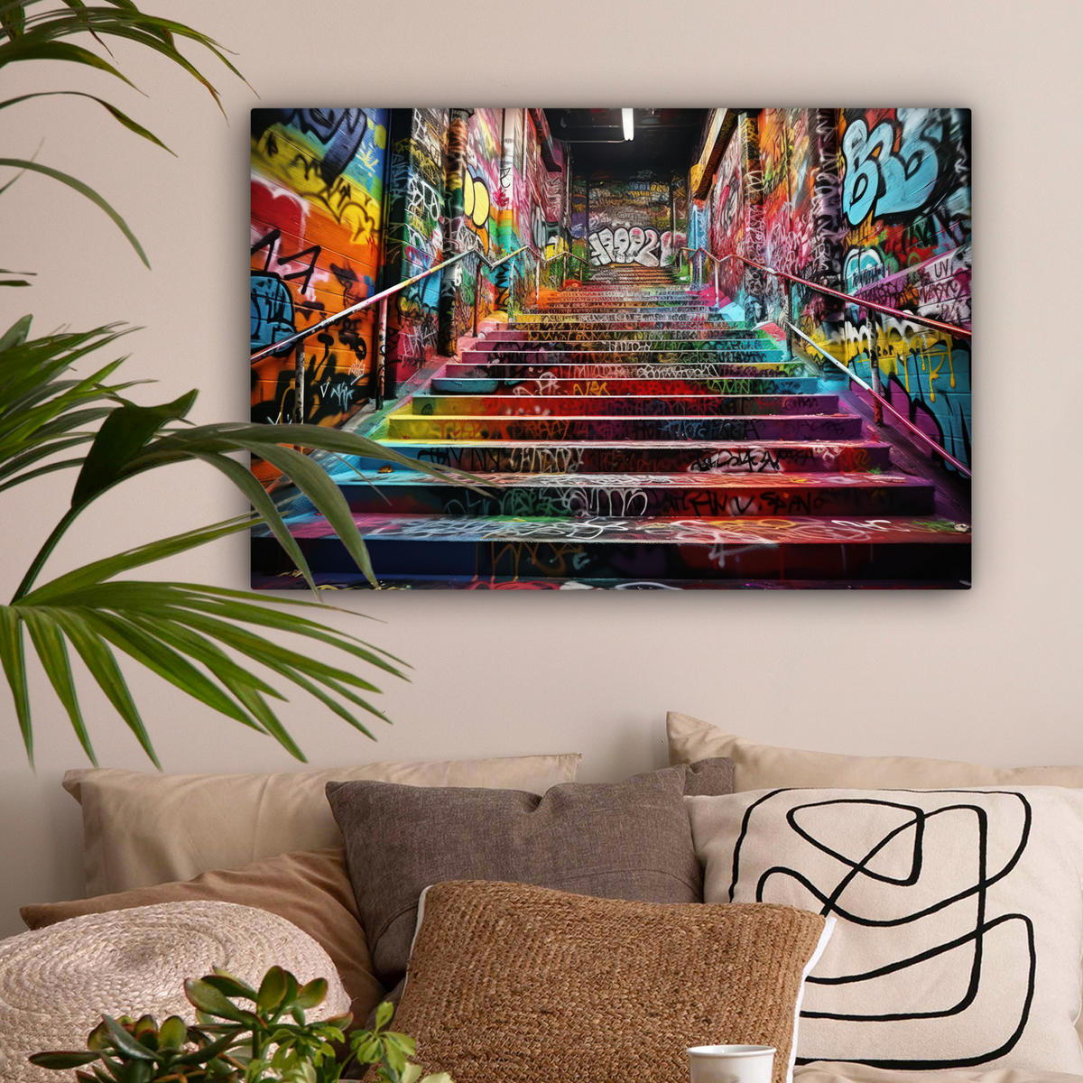 LEINWANDBILD Treppe - Graffiti - Farben - Kunst Gemälde 60x40 cm - Multicolor, Textil (60/40cm) - MuchoWow