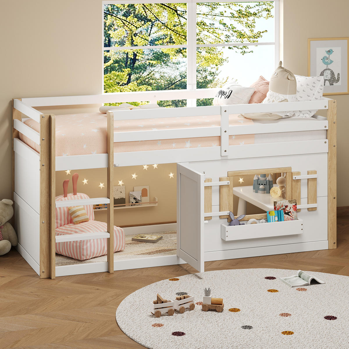 ETAGENBETT 90/200 cm in Weiß Kinderbett mit Leiter und Spielfläche aus Massivholz - Weiß, Holzwerkstoff (90/200cm) - STILVORA