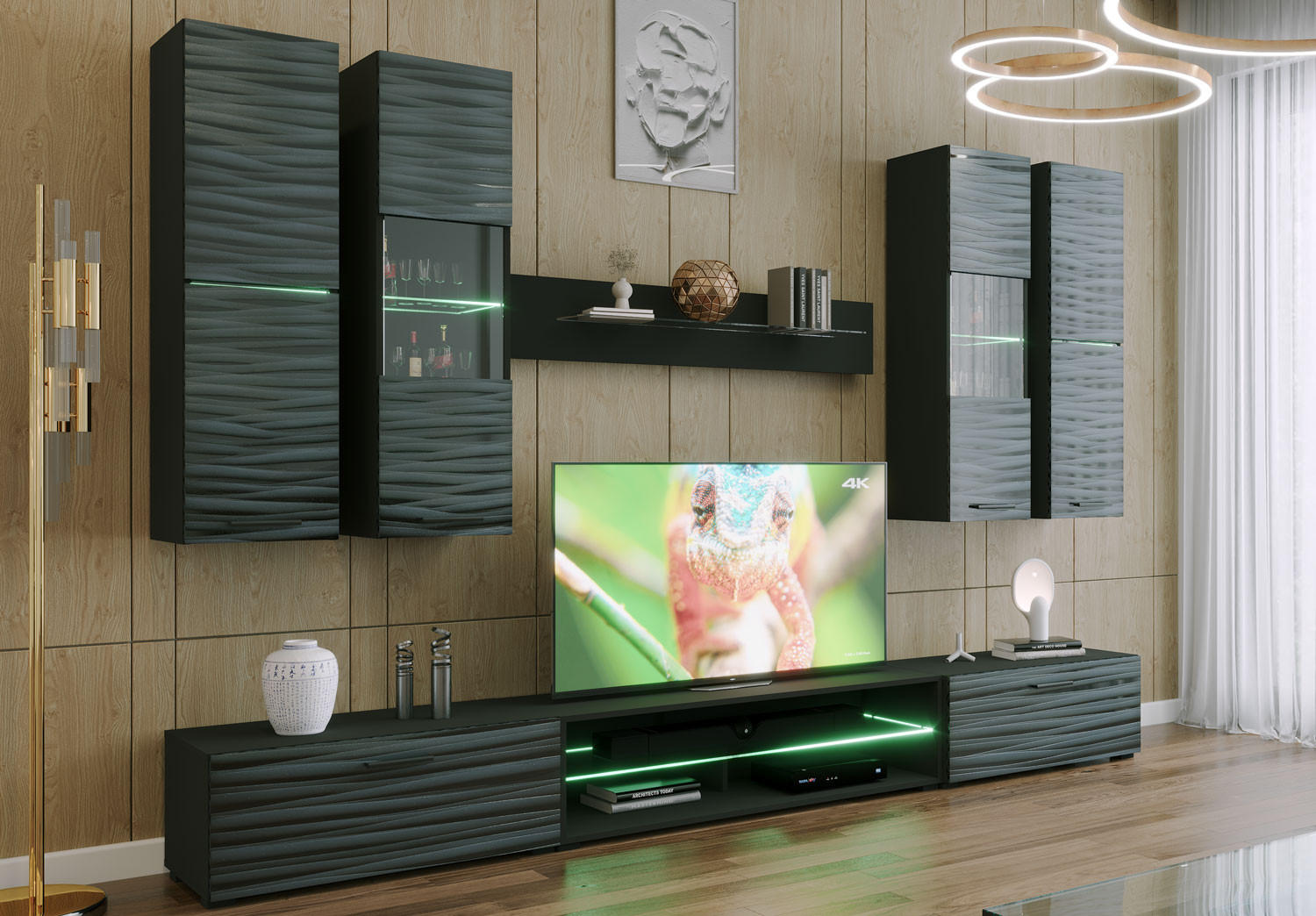 WOHNWAND Parla schwarz matt / Sahara Hochglanz 3D Dekor 8-teilig - Schwarz Hochglanz/Schwarz, Holz/Holzwerkstoff (280/195/43cm) - Feldmann-Wohnen