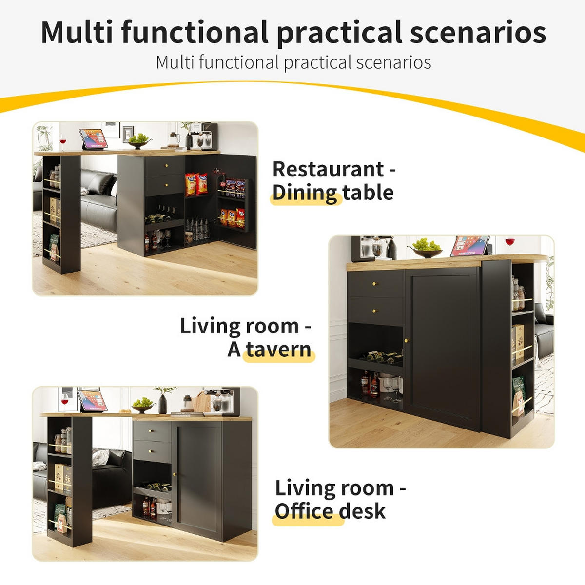 KÜCHENINSEL DREHBARER BARTISCH mit Schubladen, Schiebetürschrank, MDF, Schwarz, 105/39/102 cm - Schwarz, Kunststoff (39/102/105cm) - Rolipo