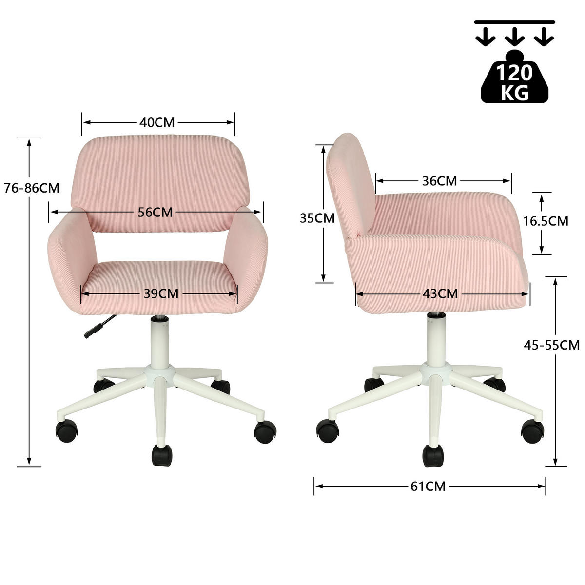 BÜROSTUHL in Cord-Samt, Rosa - Pink, Metall (39/86/43cm) - Meubles Cosy