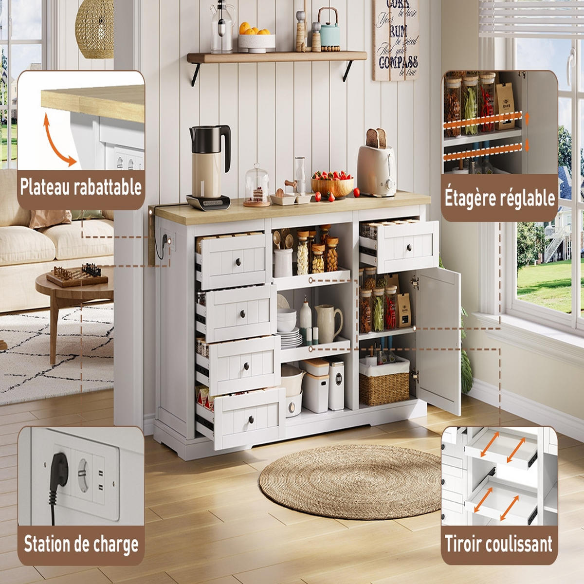 SIDEBOARD KÜCHENINSEL MIT STECKDOSEN, 5 Schubladen, Klappbar, Weiß, 150/65/75,5 cm - Eichefarben, Holzwerkstoff (65/75.5/150cm) - Rolipo