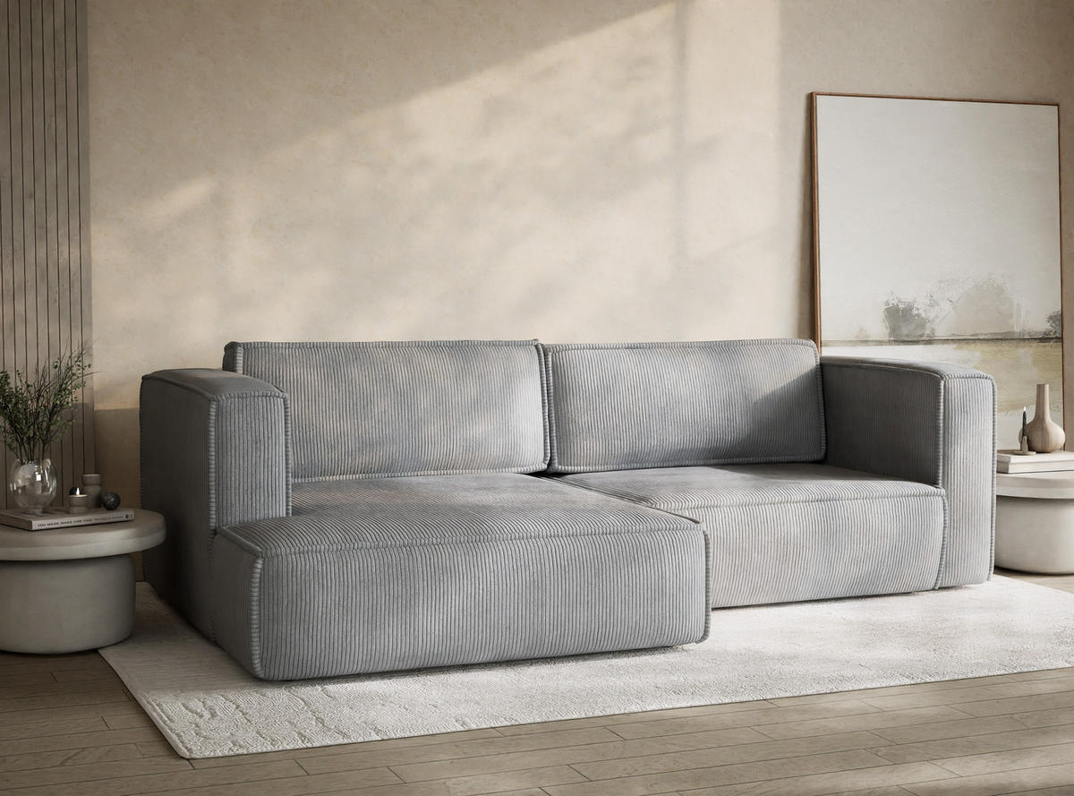 ECKSOFA MIT SCHLAFFUNKTION Velto Hellgrau Samtstoff - Hellgrau/Schwarz, Holz/Holzwerkstoff (152/250cm) - Maison de Reve