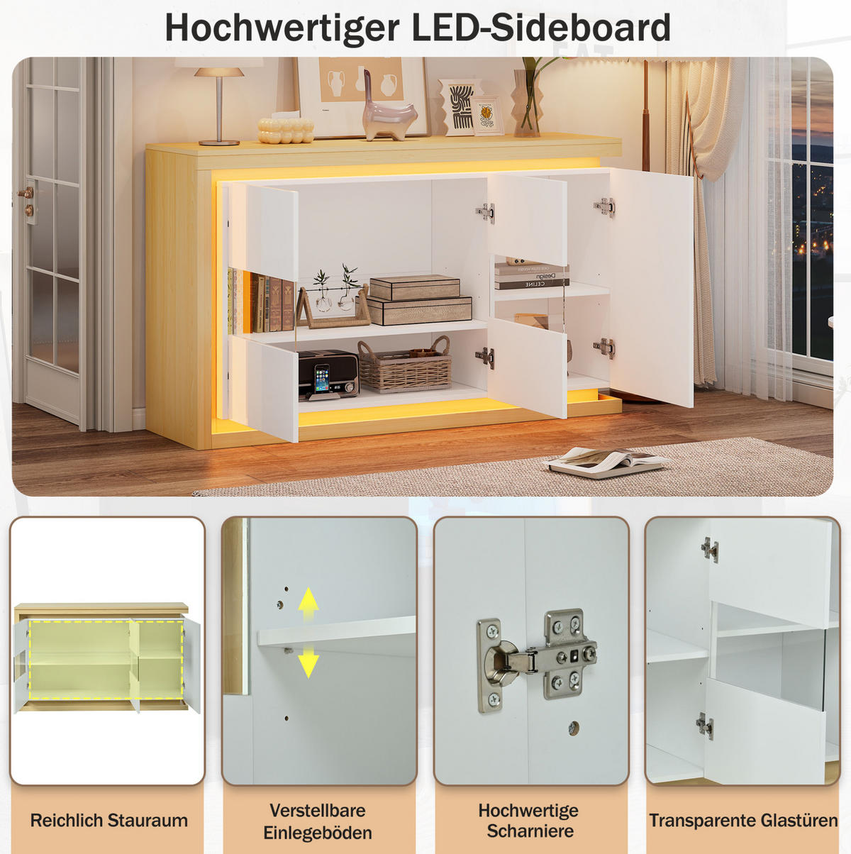 SIDEBOARD 140/40/84 cm Weiß aus Spanplatte mit LED und Glastüren - Weiß, Holzwerkstoff (40/84/140cm) - OKWISH