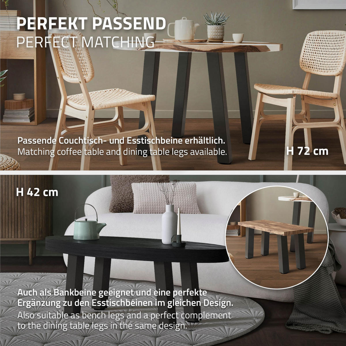 TISCHBEINE 4er Set I-96GRAD-Design H:30 cm Dunkelgrau 8x8 cm - Dunkelgrau, Metall (8/30/8cm) - ML-DESIGN