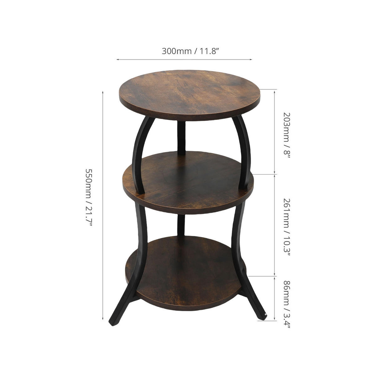 RUNDER Beistelltisch mit 3 Ablagen, MDF-Metallgestell, rustikaler Akzenttisch, Nachttisch für Wohnzimmer, Schlafzimmer oder Couch - Graubraun, Holz (30/30/55cm) - Ej. Life