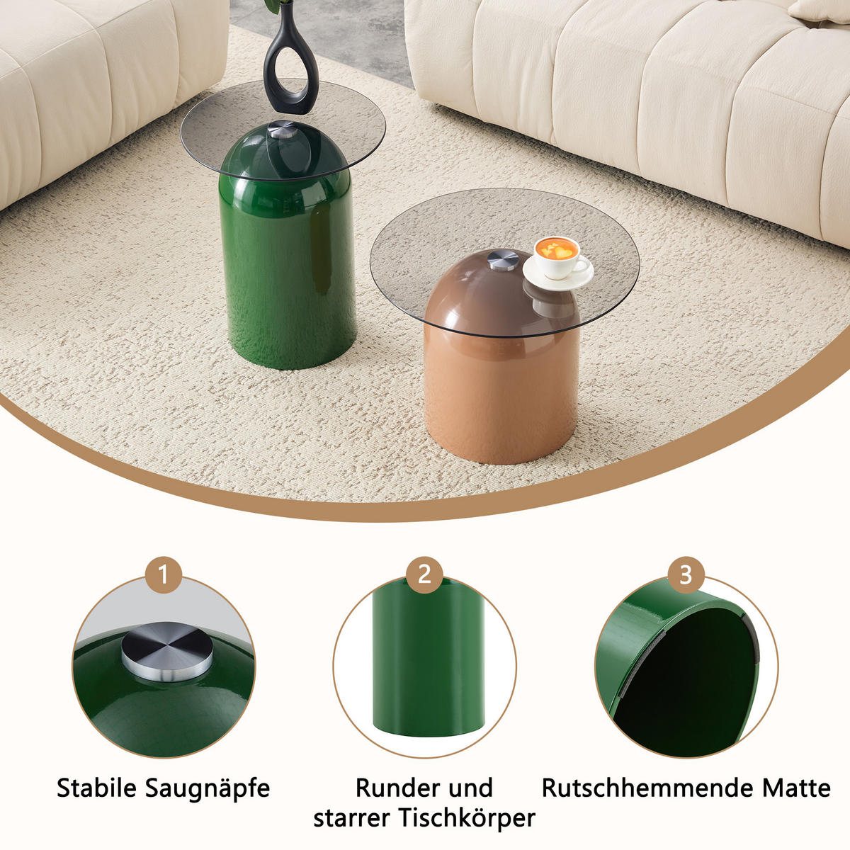 KONFERENČNÍ STOLEK sada 2 ks se skleněnou deskou, zelený a světle hnědý - černá, kov (50/50/38cm) - Urban Meuble