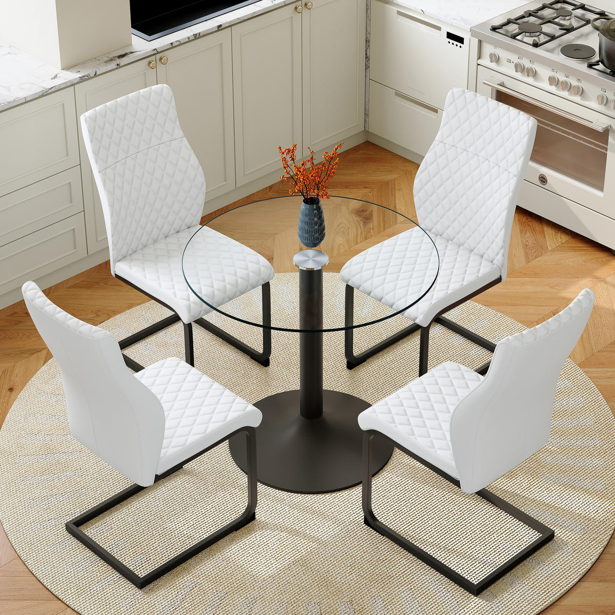 ESSGRUPPE DE-39485 5-teilig, Glastisch und 4 Stühlen mit hoher Rückenlehne Weiß - Weiß, Metall (85/75/85cm) - ComfortXL