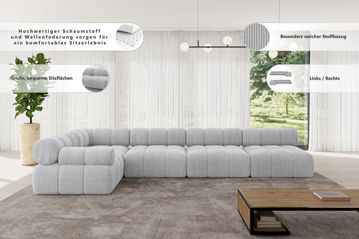 ECKSOFA modulares Sofa Mende-L3 - 380x190x70 cm Apricot Velours - Koralle, Holzwerkstoff/Textil (380/190cm) - ALTDECOR