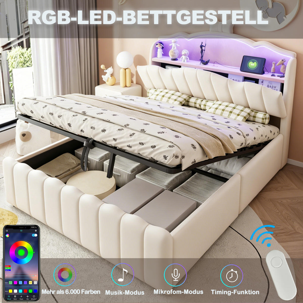 DĚTSKÁ POSTEL 140x200 Samet LED USB Béžová - béžová, kov (140/200cm) - FLIEKS