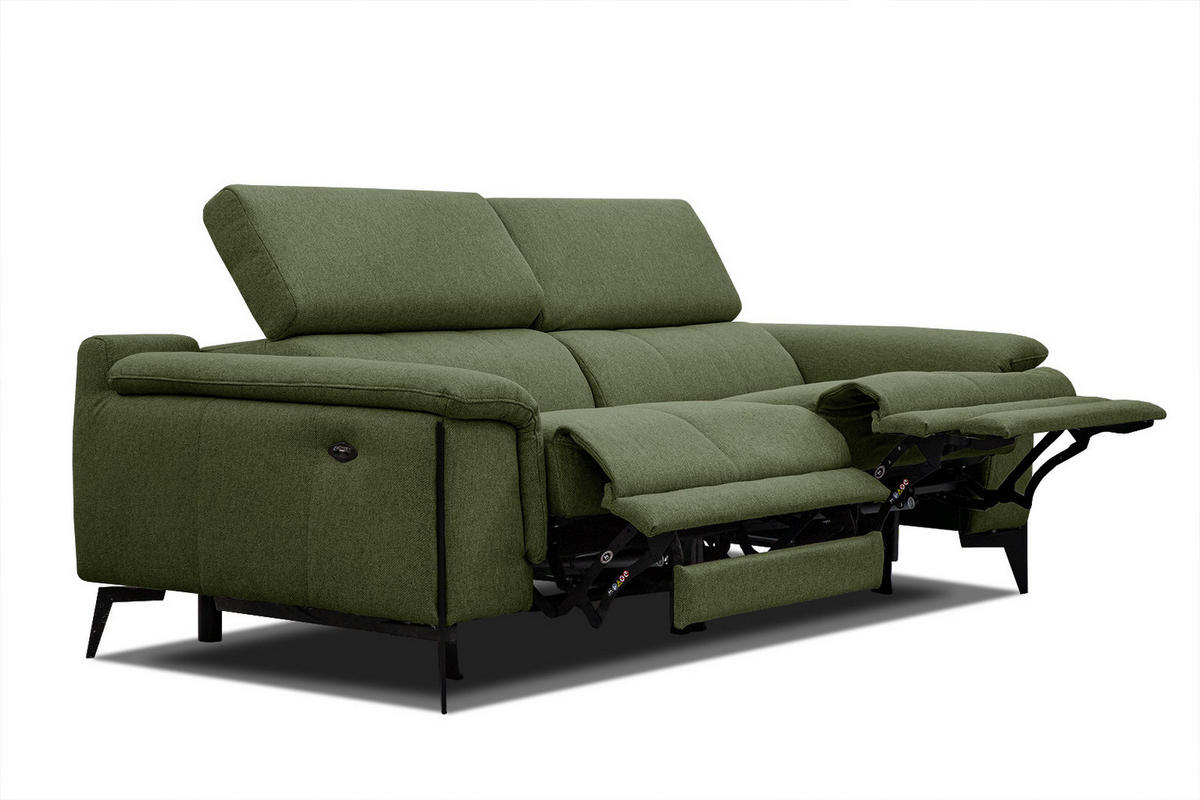 RELAXSOFA MATERA 3-Sitzer mit 2 Relaxfunktionen, olivgrün - Schwarz/Olivgrün, Holzwerkstoff/Textil (212/82/103cm) - Courtois Laville