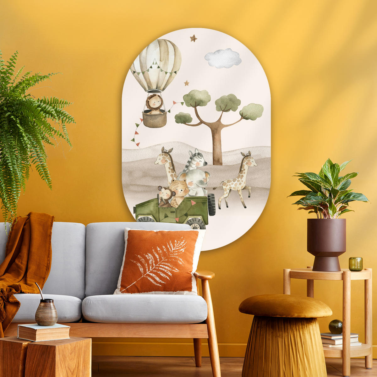 WANDBILD Wilde Tiere - Safari - Aquarell - Heißluftballon 80x120 cm - Beige, Kunststoff (80/120cm) - MuchoWow